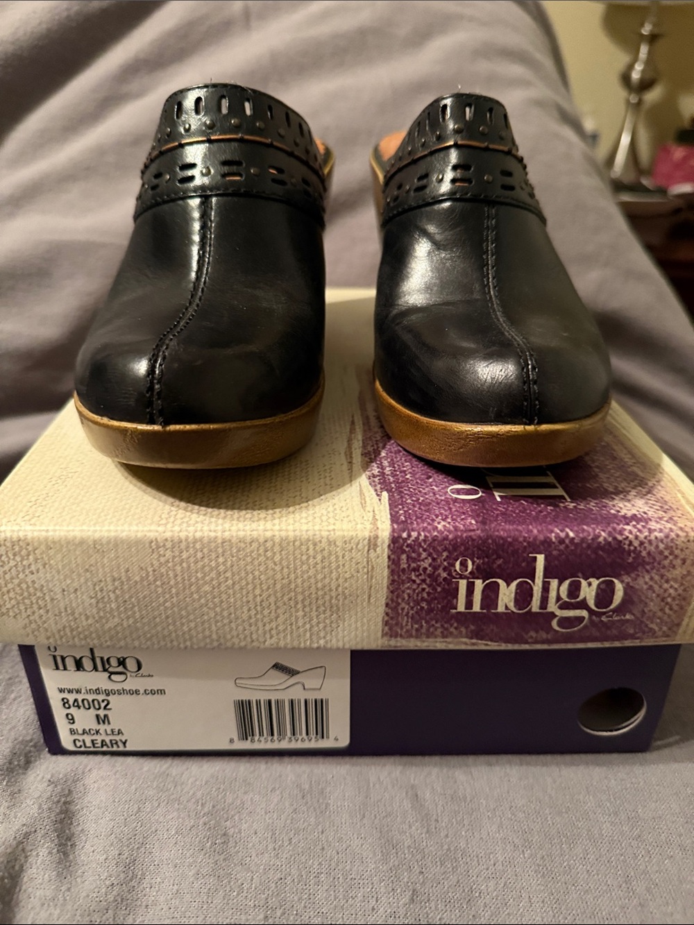 Indigo by Clark - Black Leather Slip-On Mules with Tan Outsole